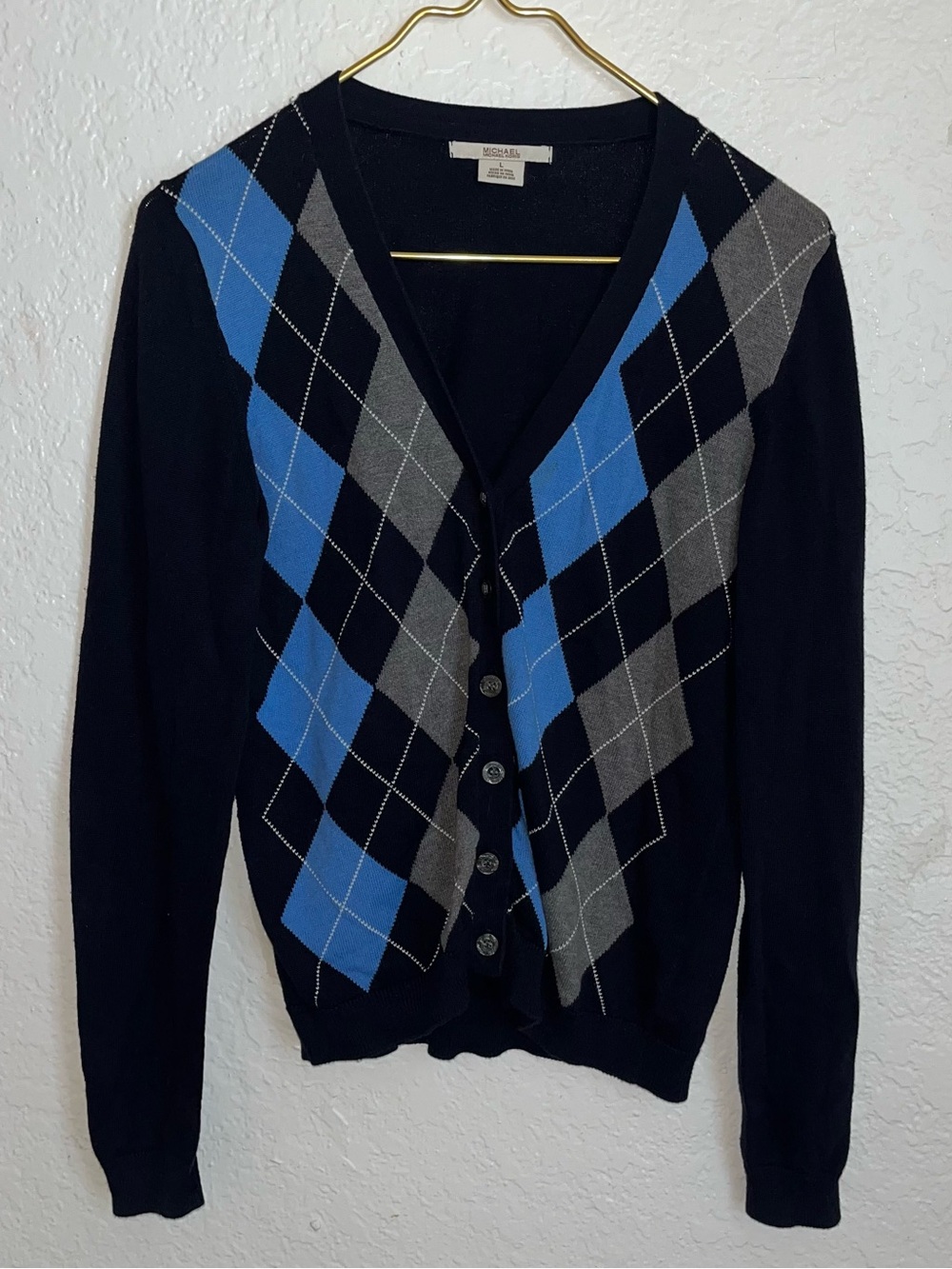 Michael Kors button front blue gray argyle cardigan sweater preppy women’s large